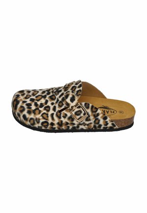 Leopard print clog with a brown faux fur upper, adjustable strap with gold-tone buckle, and a cork footbed; black rubber sole.