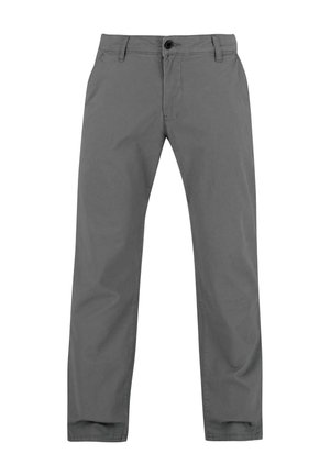 Graue gerade geschnittene Hose mit Gürtelschlaufen, vorderem Knopf, Reißverschluss und seitlichen Taschen auf weißem Hintergrund.