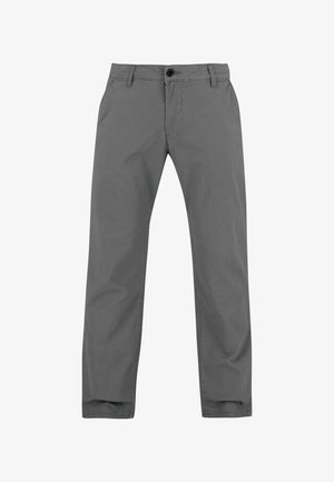 Graue gerade geschnittene Hose mit Gürtelschlaufen, vorderem Knopf, Reißverschluss und seitlichen Taschen auf weißem Hintergrund.