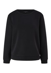 Sweat-shirt noir à manches longues avec col rond, poignets et bord côtelés, présenté sur un fond blanc uni.
