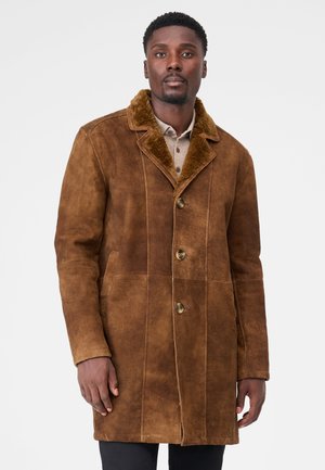 Man wearing a brown suede coat with a fur collar and large buttons, standing against a plain light gray background.