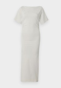 Šaty bodycon z ľahkej, hladkej krémovej tkaniny. Majú široký výstrih a krátke rukávy. Dlhý, priliehavý strih bez vzorov.