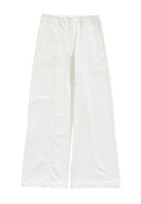 Pantalones blancos de pierna ancha, confeccionados en algodón, con un diseño limpio, cinturilla elástica y bolsillos laterales con detalles de costura visibles.