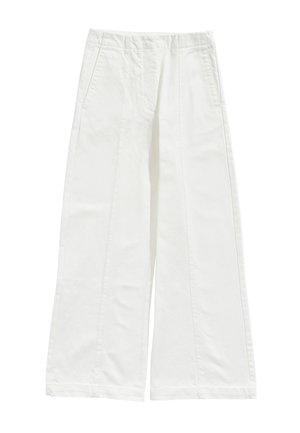 Pantalones blancos de pierna ancha, confeccionados en algodón, con un diseño limpio, cinturilla elástica y bolsillos laterales con detalles de costura visibles.