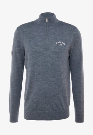 Pulover gri cu guler zip, dintr-un material moale, cu un design ajustat, mâneci lungi și un mic logo alb pe piept.