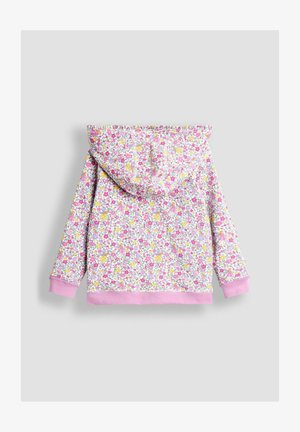 Hanorac cu glugă, realizat dintr-un material ușor, cu un model floral roz și accente galbene și violet. Manșetele și baza sunt roz.