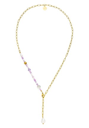 Goldene Halskette mit abwechselnd rosa und weißen Perlen auf einer Seite und einer hängenden weißen Perle am Y-förmigen Verschluss.