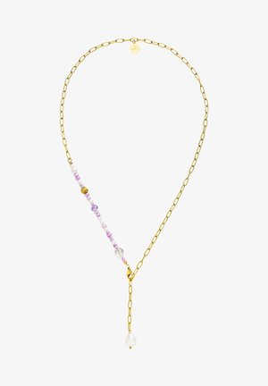 Collier chaîne en or avec des perles rose et blanche alternées d'un côté et une perle blanche pendante au fermoir en forme de Y.