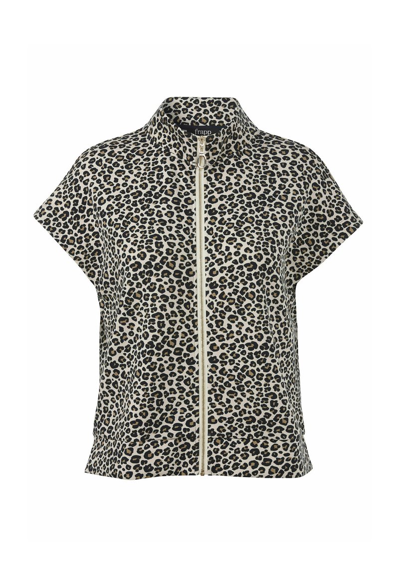 Kortjack met luipaardprint, korte mouwen, hoge kraag en vooraan een ritssluiting, met zwarte en bruine vlekken op een beige achtergrond.
