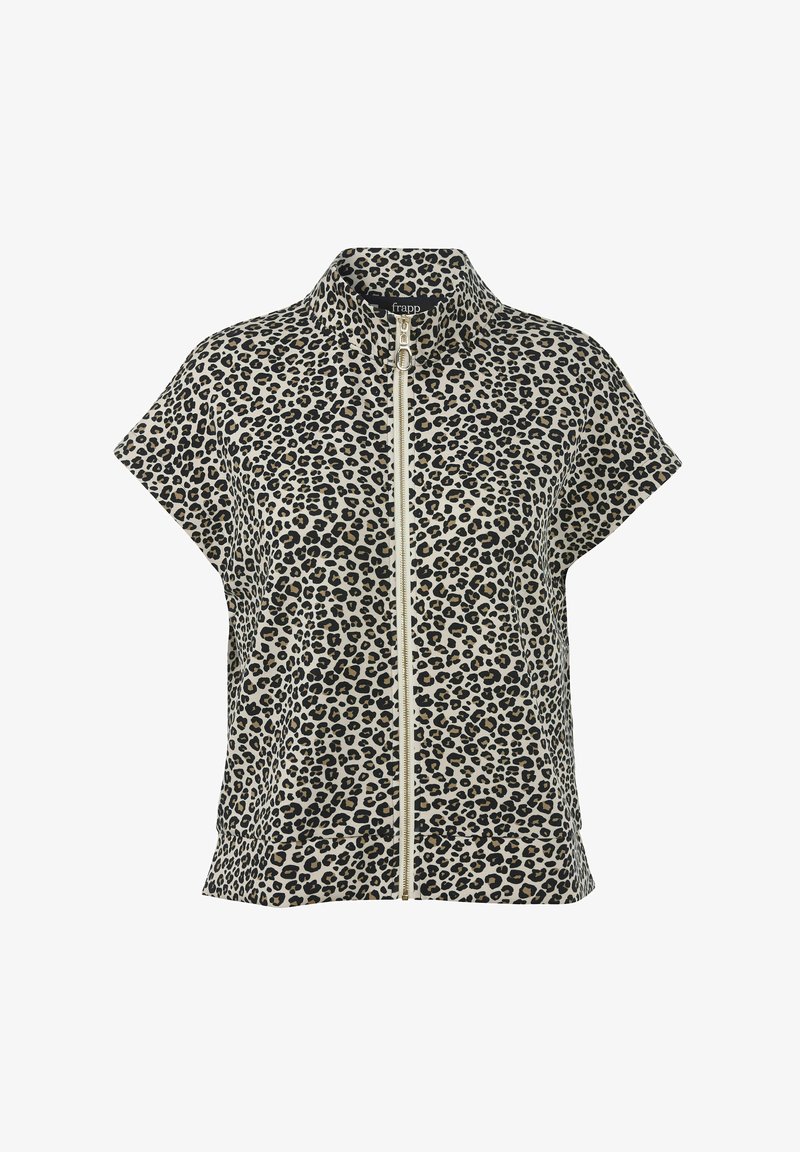 Jacke mit Leopardenmuster, kurzen Ärmeln, hoher Kragen und Frontreißverschluss, mit schwarzen und braunen Punkten auf beigem Hintergrund.