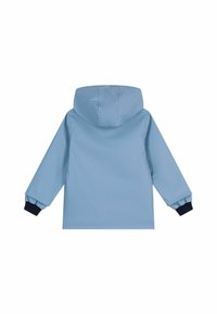 Lichtblauwe waterdichte jas met een capuchon, elastische manchetten en een eenvoudig ontwerp zonder versieringen.