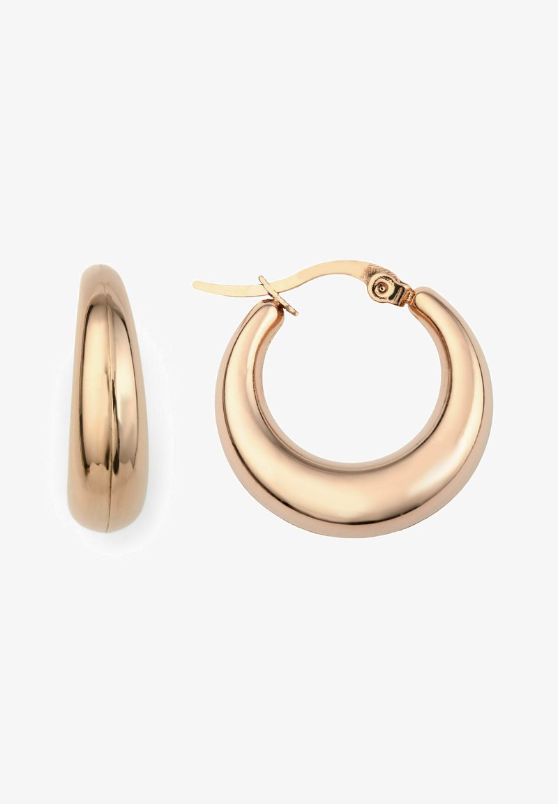 Roségull øredobber med en glatt, rund design, med hengsel-lukking og en polert overflate for en reflekterende finish.