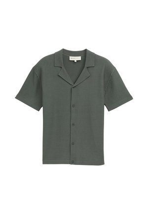 Ciemnozielona koszulka z krótkim rękawem, zapinana na guziki, z teksturowanym wzorem waflowym i kołnierzykiem typu camp.