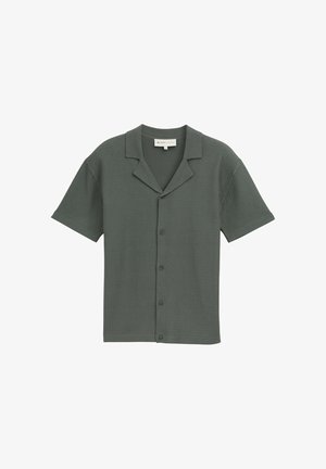 Tume roheline lühikeste varrukatega nööbitav särk tekstureeritud vahvlipinnaga ja suvekrae.