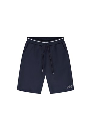 Pantaloncini blu navy con coulisse, bordatura bianca in vita e piccolo logo bianco sulla parte inferiore della gamba sinistra, tasche anteriori visibili.