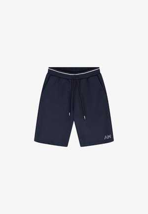 Mornarsko plave šorce s vezicom i bijelim obrubom na struku te malim bijelim logotipom na donjem lijevom dijelu nogavice, s vidljivim prednjim džepovima.