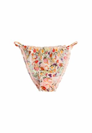 Partea de jos a costumului de baie pentru femei cu model floral, talie elastică și margine roz deschis pe fundal alb.