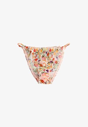 Partea de jos a costumului de baie pentru femei cu model floral, talie elastică și margine roz deschis pe fundal alb.