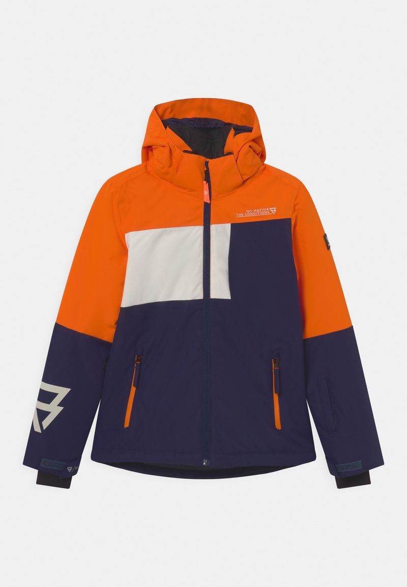 Veste d'hiver pour enfants avec capuche et épaules orange, blocs de couleur marine et blanche, fermeture éclair à l'avant et poches zippées.