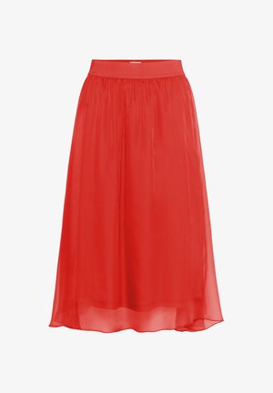 Red, ankle-length skirt made from sheer, lightweight fabric. Features an elastic waistband and soft, flowing design without visible patterns.