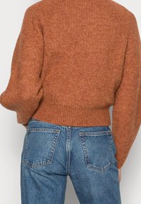 Pull en maille couleur rouille porté avec un jean en denim bleu taille haute, montrant la vue de dos de la taille aux épaules.