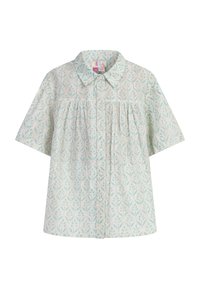 Kortärmad knäppskjorta i ljuskräm med ett ömtåligt bladmönster i blått, med krage och samla detaljer.