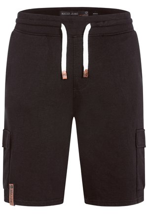 Zwarte casual shorts met witte trekkoorden en zijzakken met kleppen, met een merklabel op het linkerbeen en een elastische tailleband.