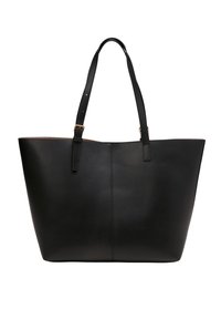 Borsa a tote in pelle nera con una texture liscia, forma rettangolare alta, doppi manici a spalla e accenti discreti in metallo dorato.