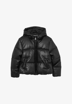 Schwarze Pufferjacke mit Kapuze, ausgestattet mit einer glänzenden Kunstleder-Oberfläche, gestepptem Design, Reißverschluss vorne und seitlichen Taschen.