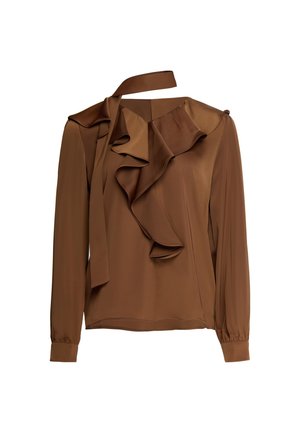 Bruine blouse met lange mouwen, gerimpeld detail aan de voorkant en een strikje aan de hals, gemaakt van glad en licht materiaal.