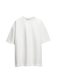 T-shirt bianco a maniche corte realizzato in tessuto liscio, con scollatura rotonda e vestibilità comoda, che sottolinea un design semplice e pulito.