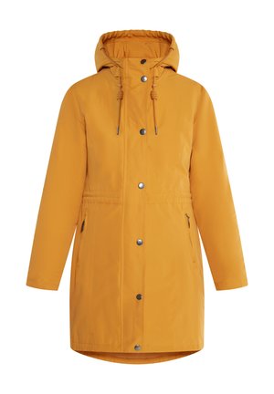 Kollane välinejope kapuutsiga, nööriga kaeluse, lukuga taskute ja nööpide kinnitustega. Sile tekstuur, põlvepikkune ja pikad varrukad.