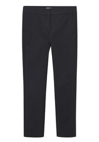 Pantalons noirs ajustés en tissu lisse, dotés d'une coupe slim, de poches avant et d'une taille plate. Sans motifs ni éléments métalliques visibles.