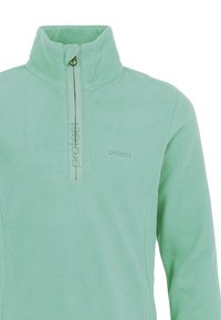 Pullover in pile verde menta con colletto alto, chiusura a zip parziale e un sottile dettaglio del logo. Texture morbida e vestibilità comoda.