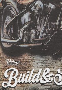 Gráfico de motocicleta vintage que presenta un primer plano de intrincadas piezas del motor de cromo, acentos en negro, superficies texturizadas y letras en negrita en blanco.