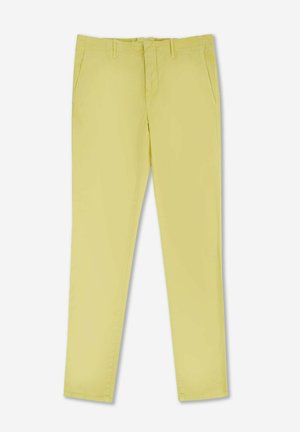 Pantaloni in cotone giallo chiaro con vestibilità slim, dotati di tasche laterali e una superficie liscia. Design semplice senza decorazioni.
