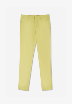 Pantalones de algodón amarillo claro con un corte ajustado, que cuentan con bolsillos laterales y una textura suave. Diseño sencillo sin adornos.