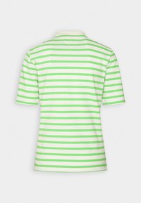 Short-sleeve polo shirt featuring green and white horizontal stripes, made of cotton, with a classic collar and ribbed detailing.