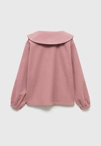 Camicia a maniche lunghe in tessuto rosa polveroso, con un colletto grande, polsini elasticizzati e una vestibilità ampia con orlo dritto.