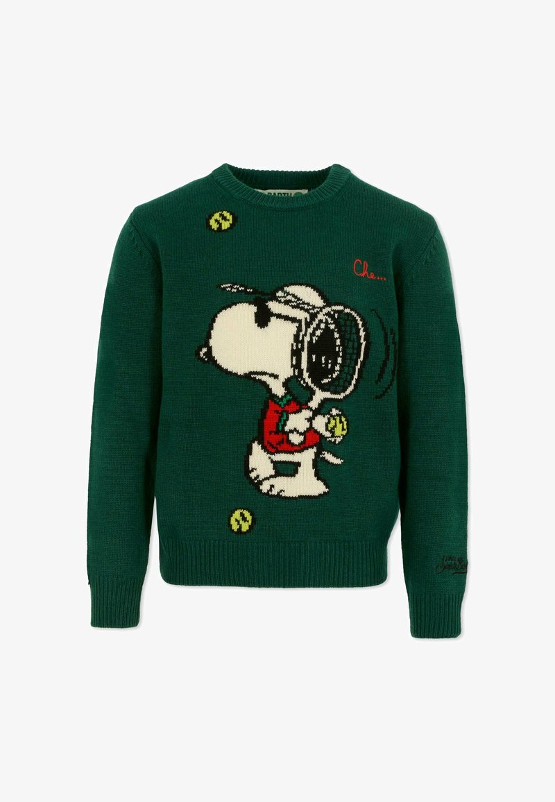 Groen gebreid trui met een cartoonhond die een tennisbal vasthoudt, met een rode accent op de borst en een speels ontwerp, inclusief tennisballen.