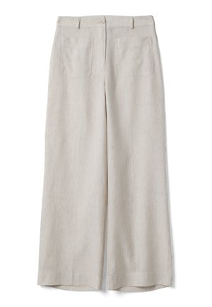 Beige corduroy broek met hoge taille, wijde pijpen, voorkant met knoop, ritssluiting, riemlussen en twee opgestikte voorzakken.