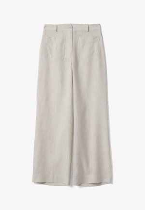 Pantalon beige en velours côtelé taille haute, jambes larges, avec bouton et fermeture éclair devant, passants de ceinture et deux poches plaquées à l’avant.