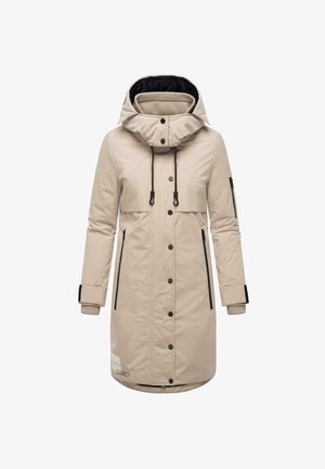 Beige Puffy-Jacke mit Kapuze, ausgestattet mit schwarzen Akzenten, Druckknöpfen, Vordertaschen und gerippten Bündchen. Glatte Textur und knielanges Design.