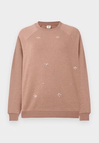 Sweat-shirt marron clair à manches longues avec de petites décorations argentées en forme de feuille dispersées à l'avant, avec poignets et ourlet côtelés.