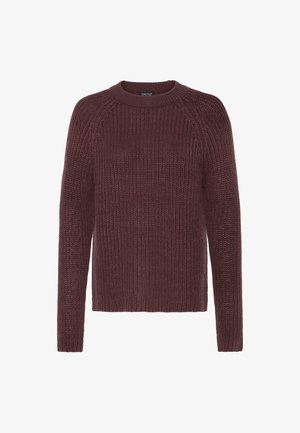 Burgundijas krāsas adīta džemperis ar apaļu kakla izgriezumu, garām piedurknēm un brīvu piegriezumu. Iezīmējas ar teksturētu rakstu un ribu apakšmalām.