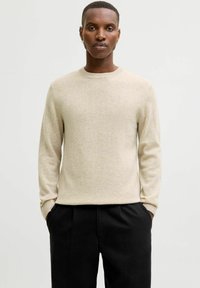 Beige kasjmier trui met een ronde halslijn, lange mouwen en geribbelde manchetten, gecombineerd met zwarte broeken. Gladde textuur, minimalistisch ontwerp.
