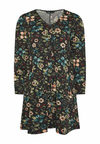 Kukkamekko mustalla taustalla, jossa on vihreitä, sinisiä ja vaaleanpunaisia kukkia, pitkät hihat, V-pääntie ja nappiyksityiskohtia edessä.