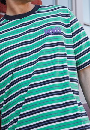 Person trägt ein grün-weiß-schwarz gestreiftes Levi's T-Shirt mit einem lila Logo auf der Brust.