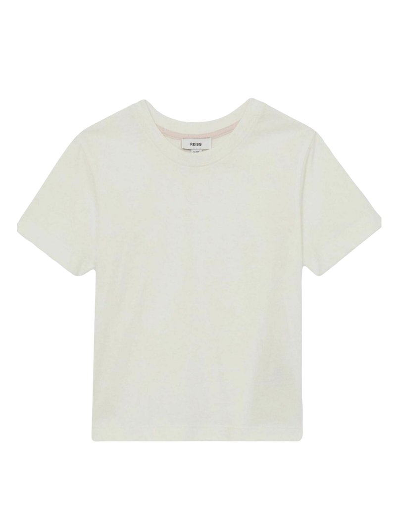 T-shirt bianco a maniche corte in cotone, con scollatura rotonda e una vestibilità rilassata con dettagli di cucitura discreti.