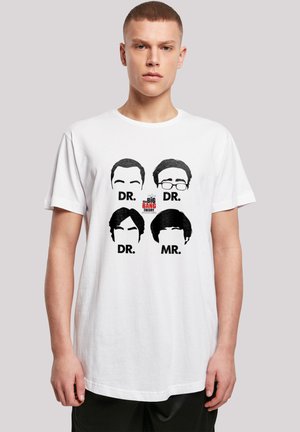 White cotton t-shirt featuring black graphic print of four faces labeled 'DR.' and 'MR.' with a logo in red, displaying a playful design.
